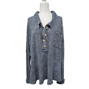 Blue Buttercup Cotton blend Waffle Thermal Textured Top Oversized Medium